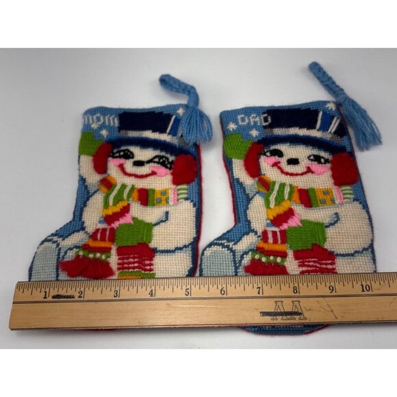 Handmade Needlepoint Snowman Mini Christmas Stockings Mom Dad Set Bright Colors - Picture 5 of 10